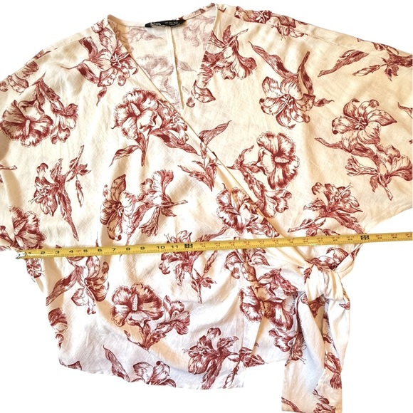 Zara Wrap Kimono Top Linen Blend Red White Toile Floral Print Puff Sleeve Large - Picture 6 of 12